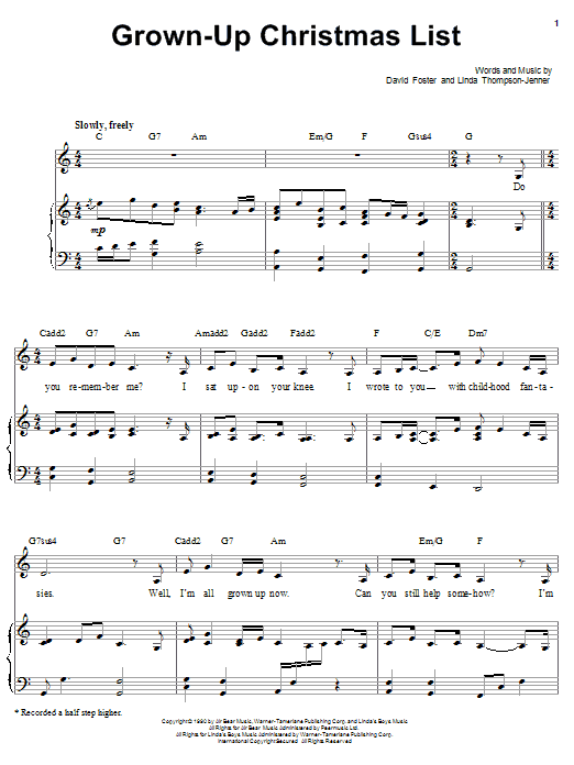 Learn to play Barbra Streisand Grown-Up Christmas List sheet music for Piano, Vocal & Guitar (Right-Hand Melody) in minutes. Barbra Streisand Grown-Up Christmas List sheet music notes and chords. Download Printable PDF.