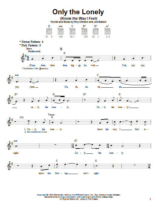 Learn to play Roy Orbison Only The Lonely (Know The Way I Feel) sheet music for Easy Guitar in minutes. Roy Orbison Only The Lonely (Know The Way I Feel) sheet music notes and chords. Download Printable PDF.