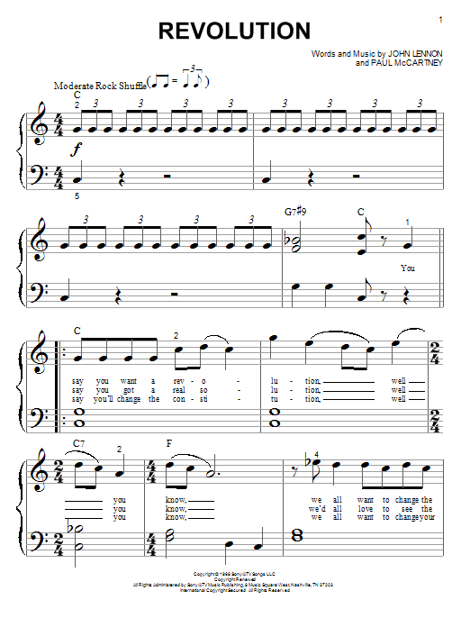 Learn to play The Beatles Revolution sheet music for Piano (Big Notes) in minutes. The Beatles Revolution sheet music notes and chords. Download Printable PDF.