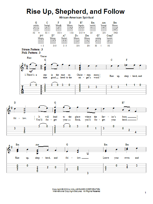 Learn to play African-American Spiritual Rise Up, Shepherd, And Follow sheet music for Easy Guitar Tab in minutes. African-American Spiritual Rise Up, Shepherd, And Follow sheet music notes and chords. Download Printable PDF.