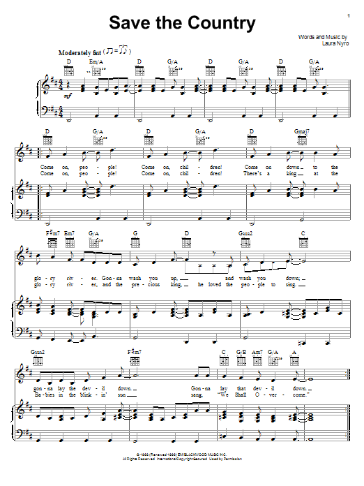 Learn to play Laura Nyro Save The Country sheet music for Piano, Vocal & Guitar (Right-Hand Melody) in minutes. Laura Nyro Save The Country sheet music notes and chords. Download Printable PDF.