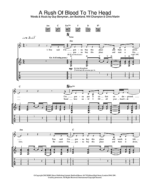 Learn to play Coldplay A Rush Of Blood To The Head sheet music for Guitar Tab in minutes. Coldplay A Rush Of Blood To The Head sheet music notes and chords. Download Printable PDF.