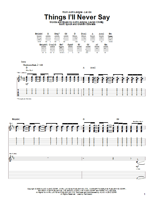 Learn to play Avril Lavigne Things I'll Never Say sheet music for Guitar Tab in minutes. Avril Lavigne Things I'll Never Say sheet music notes and chords. Download Printable PDF.