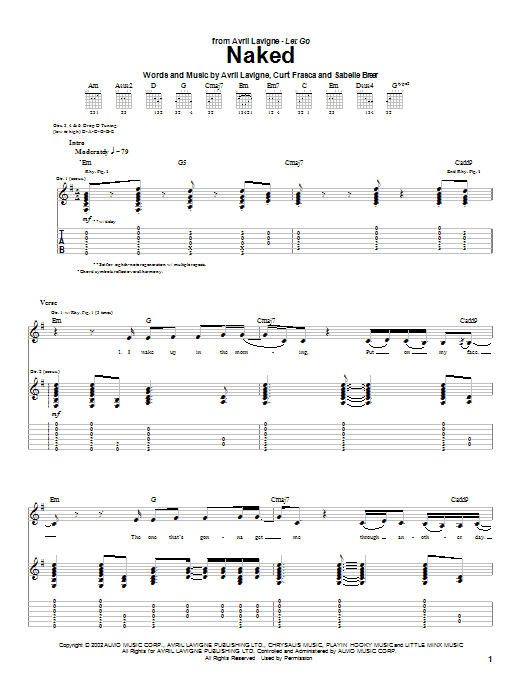 Learn to play Avril Lavigne Naked sheet music for Guitar Tab in minutes. Avril Lavigne Naked sheet music notes and chords. Download Printable PDF.