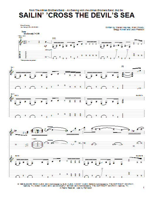 Learn to play The Allman Brothers Band Sailin' 'Cross The Devil's Sea sheet music for Guitar Tab in minutes. The Allman Brothers Band Sailin' 'Cross The Devil's Sea sheet music notes and chords. Download Printable PDF.