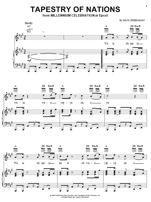 Learn to play Gavin Greenaway Tapestry Of Nations (from Disney World Millennium Celebration) sheet music for Piano, Vocal & Guitar (Right-Hand Melody) in minutes. Gavin Greenaway Tapestry Of Nations (from Disney World Millennium Celebration) sheet music notes and chords. Download Printable PDF.