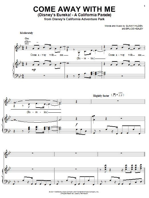 Learn to play Sunny Hilden Come Away With Me (Disney's Eureka! - A California Parade) sheet music for Piano, Vocal & Guitar (Right-Hand Melody) in minutes. Sunny Hilden Come Away With Me (Disney's Eureka! - A California Parade) sheet music notes and chords. Download Printable PDF.