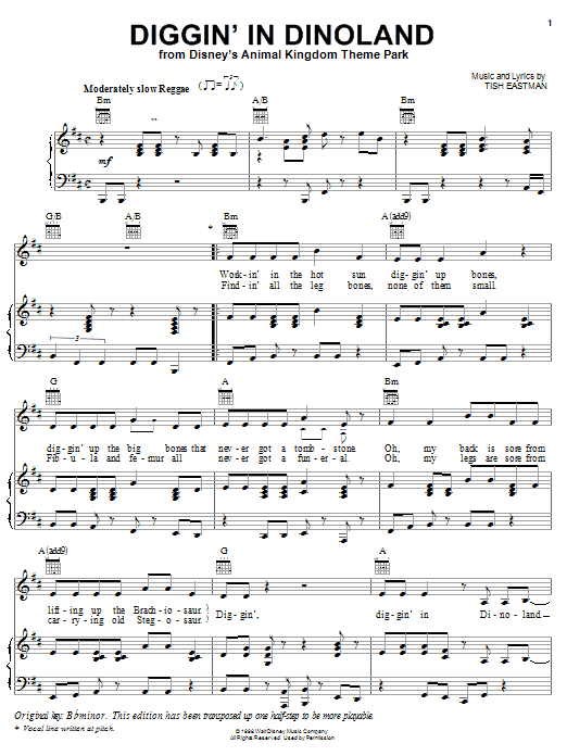 Learn to play Tish Eastman Diggin' In Dinoland (from Disney's Animal Kindom Theme Park) sheet music for Piano, Vocal & Guitar (Right-Hand Melody) in minutes. Tish Eastman Diggin' In Dinoland (from Disney's Animal Kindom Theme Park) sheet music notes and chords. Download Printable PDF.