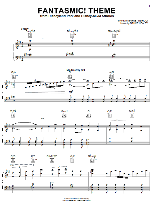 Learn to play Barnette Ricci Fantasmic! Theme (from Disneyland Park and Disney-MGM Studios) sheet music for Piano, Vocal & Guitar (Right-Hand Melody) in minutes. Barnette Ricci Fantasmic! Theme (from Disneyland Park and Disney-MGM Studios) sheet music notes and chords. Download Printable PDF.