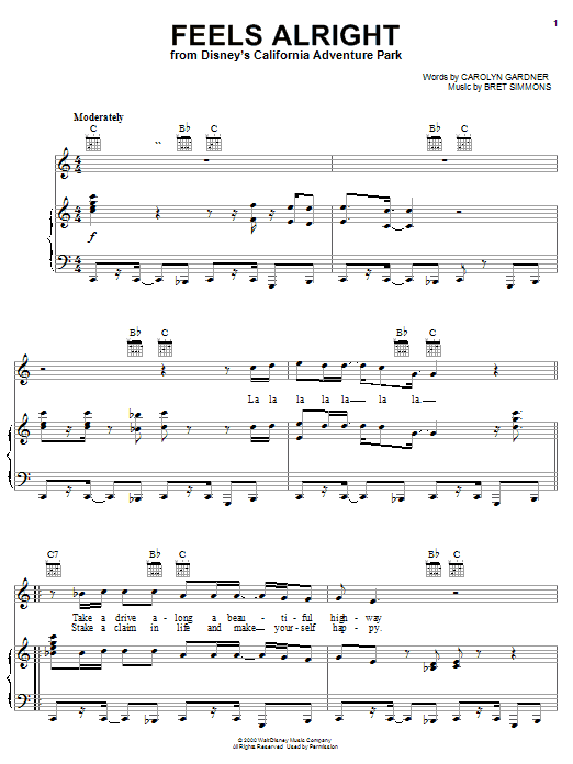Learn to play Carolyn Dawn Gardner Feels Alright (from Disney's California Adventure Park) sheet music for Piano, Vocal & Guitar (Right-Hand Melody) in minutes. Carolyn Dawn Gardner Feels Alright (from Disney's California Adventure Park) sheet music notes and chords. Download Printable PDF.