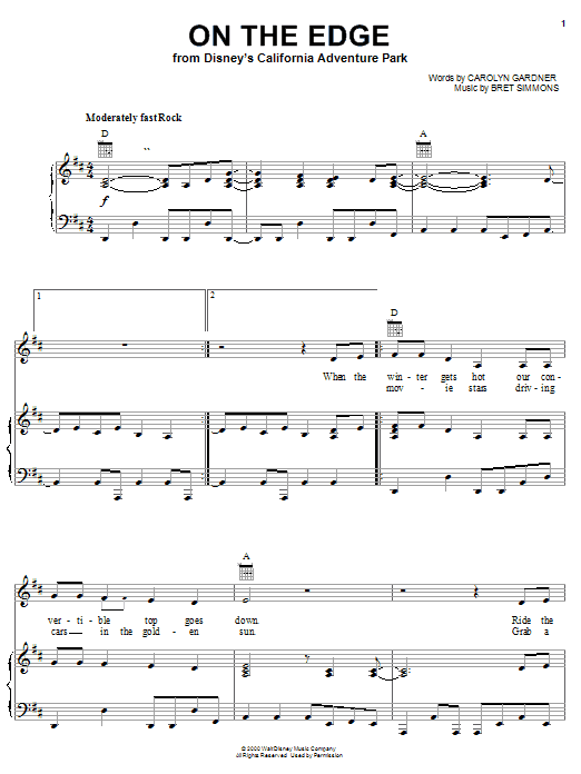 Learn to play Carolyn Dawn Gardner On The Edge (from Disney's California Adventure Park) sheet music for Piano, Vocal & Guitar (Right-Hand Melody) in minutes. Carolyn Dawn Gardner On The Edge (from Disney's California Adventure Park) sheet music notes and chords. Download Printable PDF.