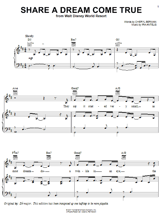 Learn to play Cheryl Berman Share A Dream Come True (from Walt Disney World) sheet music for Piano, Vocal & Guitar (Right-Hand Melody) in minutes. Cheryl Berman Share A Dream Come True (from Walt Disney World) sheet music notes and chords. Download Printable PDF.