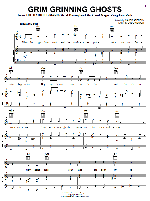 Learn to play Buddy Baker Grim Grinning Ghosts (from Phantom Manor, Disneyland Resort Paris) sheet music for Piano, Vocal & Guitar (Right-Hand Melody) in minutes. Buddy Baker Grim Grinning Ghosts (from Phantom Manor, Disneyland Resort Paris) sheet music notes and chords. Download Printable PDF.