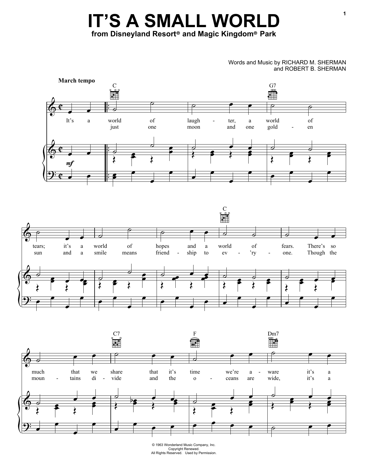 Learn to play Sherman Brothers It's A Small World sheet music for Piano, Vocal & Guitar (Right-Hand Melody) in minutes. Sherman Brothers It's A Small World sheet music notes and chords. Download Printable PDF.