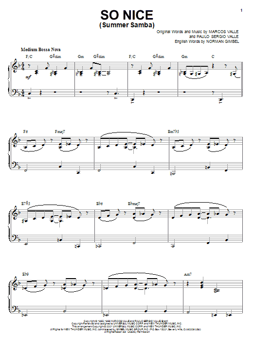 Learn to play Marcos Valle So Nice (Summer Samba) sheet music for Piano in minutes. Marcos Valle So Nice (Summer Samba) sheet music notes and chords. Download Printable PDF.