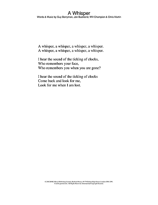 Learn to play Coldplay A Whisper sheet music for Lyrics Only in minutes. Coldplay A Whisper sheet music notes and chords. Download Printable PDF.