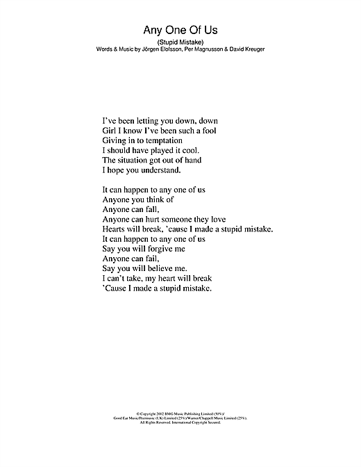 Learn to play Gareth Gates Any One Of Us (Stupid Mistake) sheet music for Lyrics Only in minutes. Gareth Gates Any One Of Us (Stupid Mistake) sheet music notes and chords. Download Printable PDF.
