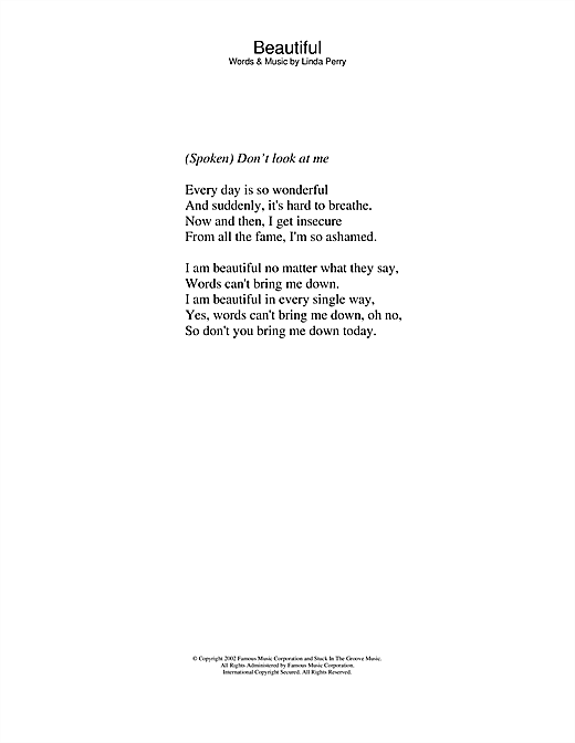 Learn to play Christina Aguilera Beautiful sheet music for Lyrics Only in minutes. Christina Aguilera Beautiful sheet music notes and chords. Download Printable PDF.