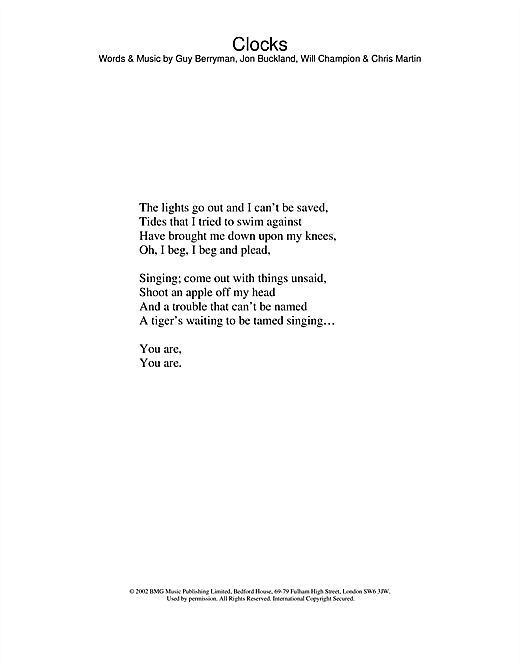 Learn to play Coldplay Clocks sheet music for Lyrics Only in minutes. Coldplay Clocks sheet music notes and chords. Download Printable PDF.