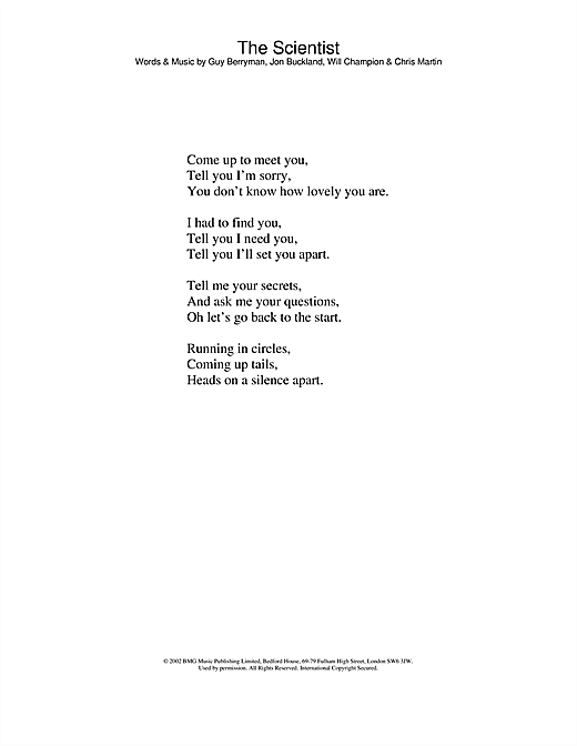 Learn to play Coldplay The Scientist sheet music for Lyrics Only in minutes. Coldplay The Scientist sheet music notes and chords. Download Printable PDF.