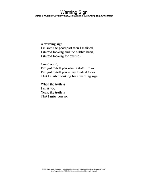 Learn to play Coldplay Warning Sign sheet music for Lyrics Only in minutes. Coldplay Warning Sign sheet music notes and chords. Download Printable PDF.