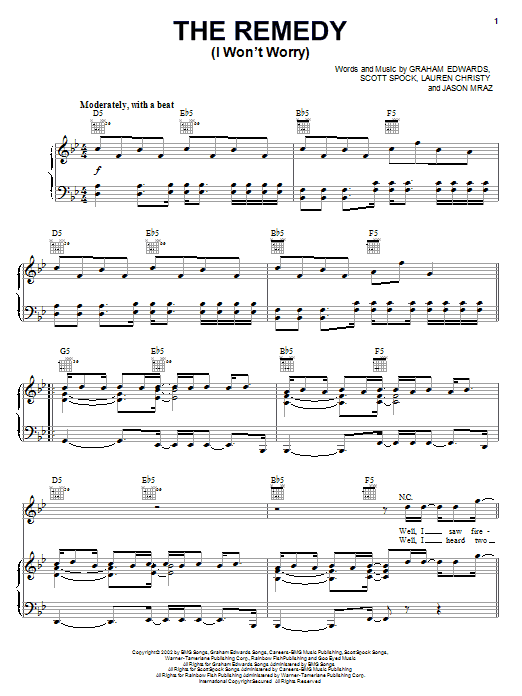 Learn to play Jason Mraz The Remedy (I Won't Worry) sheet music for Piano, Vocal & Guitar (Right-Hand Melody) in minutes. Jason Mraz The Remedy (I Won't Worry) sheet music notes and chords. Download Printable PDF.