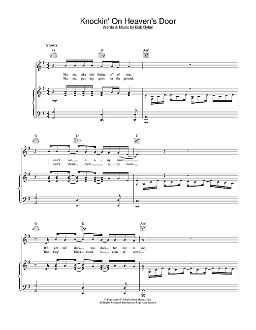Learn to play Bob Dylan Knockin' On Heaven's Door sheet music for Piano, Vocal & Guitar (Right-Hand Melody) in minutes. Bob Dylan Knockin' On Heaven's Door sheet music notes and chords. Download Printable PDF.