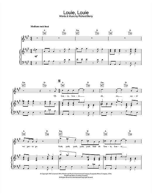 Learn to play The Kingsmen Louie, Louie sheet music for Piano, Vocal & Guitar (Right-Hand Melody) in minutes. The Kingsmen Louie, Louie sheet music notes and chords. Download Printable PDF.
