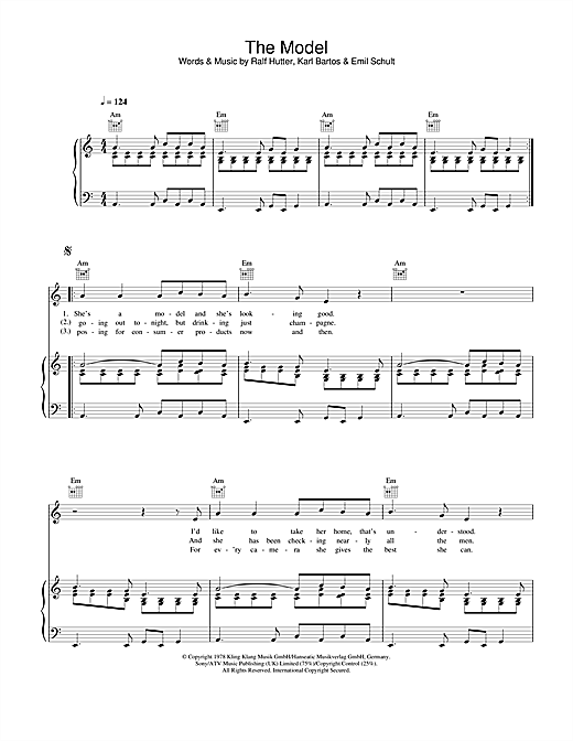 Learn to play Kraftwerk The Model sheet music for Piano, Vocal & Guitar (Right-Hand Melody) in minutes. Kraftwerk The Model sheet music notes and chords. Download Printable PDF.