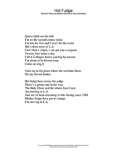 Learn to play Robbie Williams Hot Fudge sheet music for Lyrics Only in minutes. Robbie Williams Hot Fudge sheet music notes and chords. Download Printable PDF.