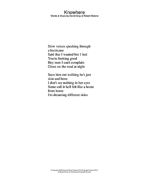 Learn to play David Gray Knowhere sheet music for Lyrics Only in minutes. David Gray Knowhere sheet music notes and chords. Download Printable PDF.