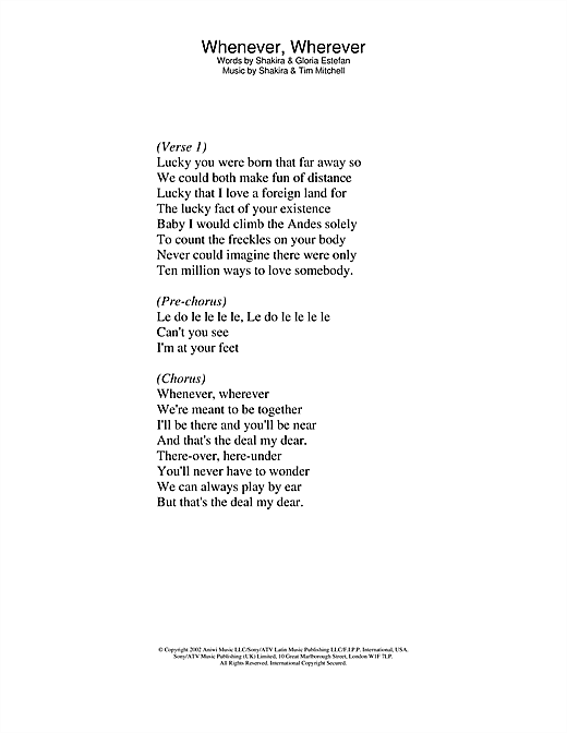 Learn to play Shakira Whenever, Wherever sheet music for Lyrics Only in minutes. Shakira Whenever, Wherever sheet music notes and chords. Download Printable PDF.