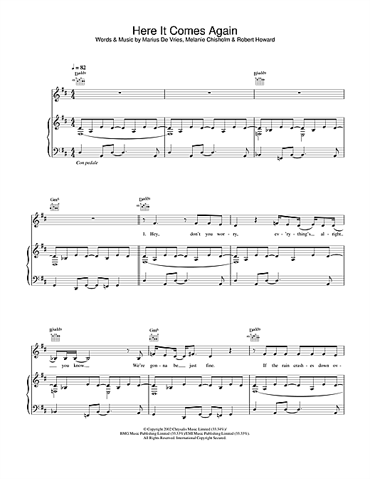 Learn to play Melanie C Here It Comes Again sheet music for Piano, Vocal & Guitar in minutes. Melanie C Here It Comes Again sheet music notes and chords. Download Printable PDF.