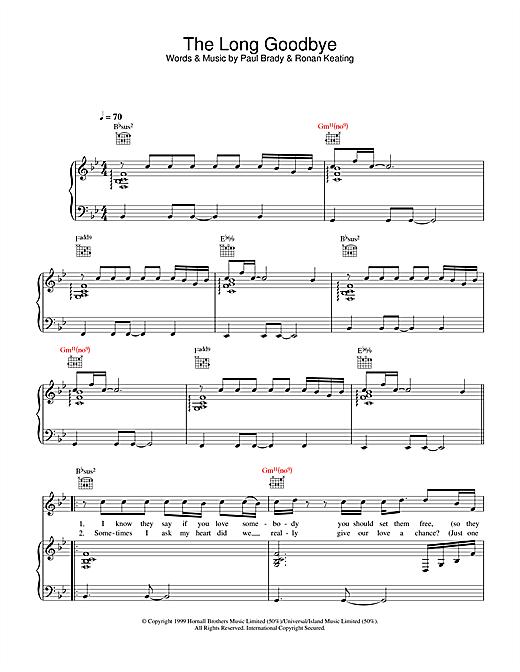 Learn to play Ronan Keating The Long Goodbye sheet music for Piano, Vocal & Guitar in minutes. Ronan Keating The Long Goodbye sheet music notes and chords. Download Printable PDF.