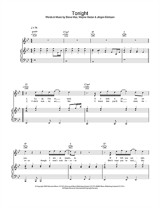 Learn to play Westlife Tonight sheet music for Piano, Vocal & Guitar in minutes. Westlife Tonight sheet music notes and chords. Download Printable PDF.