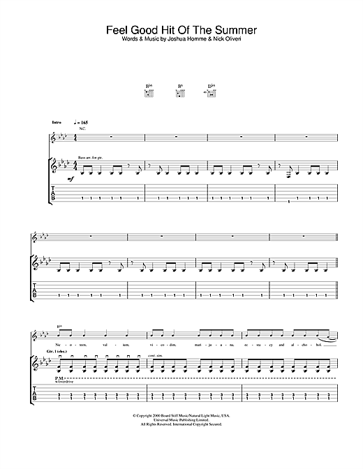 Learn to play Queens Of The Stone Age Feel Good Hit Of The Summer sheet music for Guitar Tab in minutes. Queens Of The Stone Age Feel Good Hit Of The Summer sheet music notes and chords. Download Printable PDF.