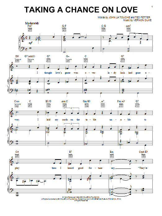 Learn to play Ella Fitzgerald Taking A Chance On Love sheet music for Piano, Vocal & Guitar (Right-Hand Melody) in minutes. Ella Fitzgerald Taking A Chance On Love sheet music notes and chords. Download Printable PDF.