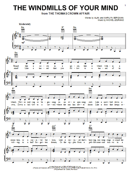 Learn to play Alan Bergman The Windmills Of Your Mind sheet music for Piano, Vocal & Guitar (Right-Hand Melody) in minutes. Alan Bergman The Windmills Of Your Mind sheet music notes and chords. Download Printable PDF.