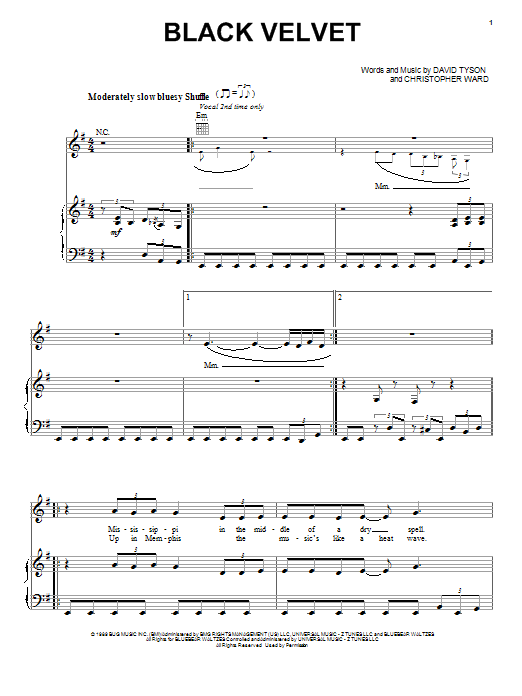 Learn to play Alannah Myles Black Velvet sheet music for Piano, Vocal & Guitar (Right-Hand Melody) in minutes. Alannah Myles Black Velvet sheet music notes and chords. Download Printable PDF.