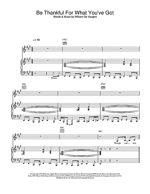 Learn to play Massive Attack Be Thankful For What You've Got sheet music for Piano, Vocal & Guitar (Right-Hand Melody) in minutes. Massive Attack Be Thankful For What You've Got sheet music notes and chords. Download Printable PDF.