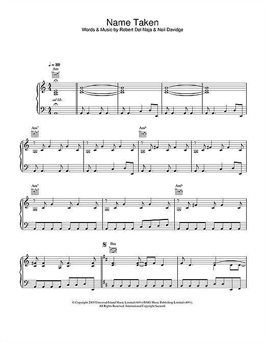 Learn to play Massive Attack Name Taken sheet music for Piano, Vocal & Guitar in minutes. Massive Attack Name Taken sheet music notes and chords. Download Printable PDF.