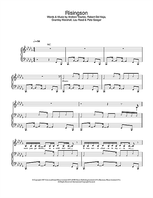 Learn to play Massive Attack Risingson sheet music for Piano, Vocal & Guitar in minutes. Massive Attack Risingson sheet music notes and chords. Download Printable PDF.