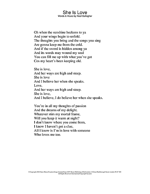 Learn to play Oasis She Is Love sheet music for Lyrics Only in minutes. Oasis She Is Love sheet music notes and chords. Download Printable PDF.