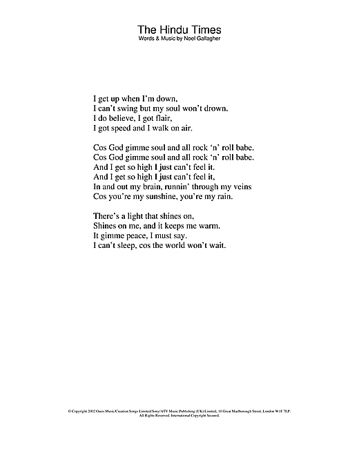 Learn to play Oasis The Hindu Times sheet music for Lyrics Only in minutes. Oasis The Hindu Times sheet music notes and chords. Download Printable PDF.