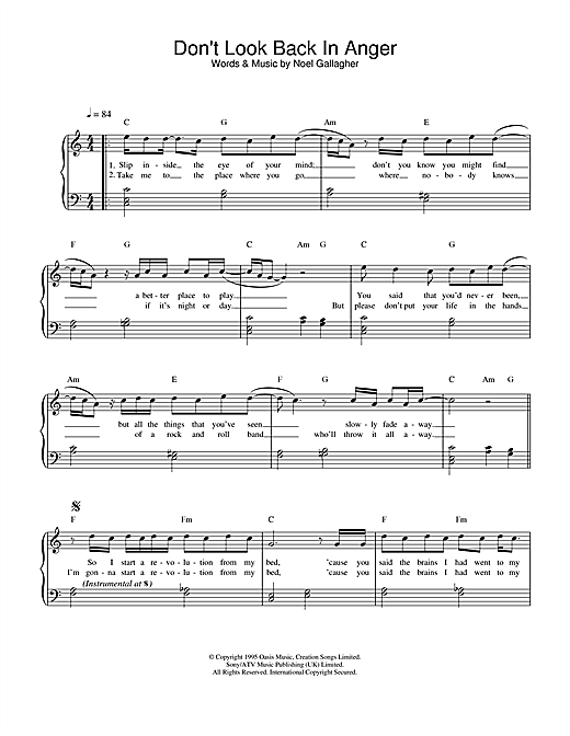 Learn to play Oasis Don't Look Back In Anger sheet music for Easy Piano in minutes. Oasis Don't Look Back In Anger sheet music notes and chords. Download Printable PDF.