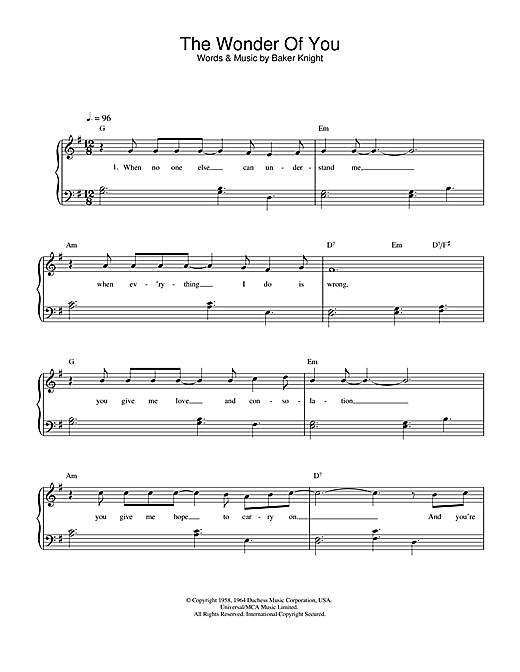 Learn to play Elvis Presley The Wonder Of You sheet music for Easy Piano in minutes. Elvis Presley The Wonder Of You sheet music notes and chords. Download Printable PDF.