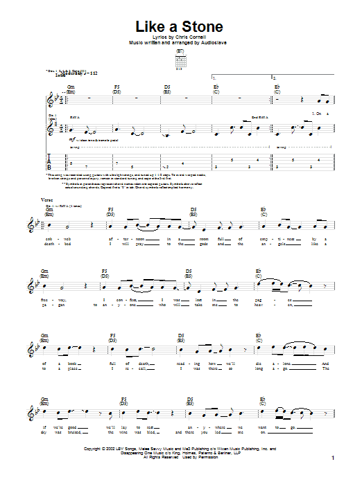 Learn to play Audioslave Like A Stone sheet music for Guitar Tab in minutes. Audioslave Like A Stone sheet music notes and chords. Download Printable PDF.