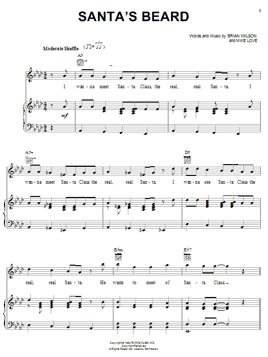 Learn to play The Beach Boys Santa's Beard sheet music for Piano, Vocal & Guitar (Right-Hand Melody) in minutes. The Beach Boys Santa's Beard sheet music notes and chords. Download Printable PDF.