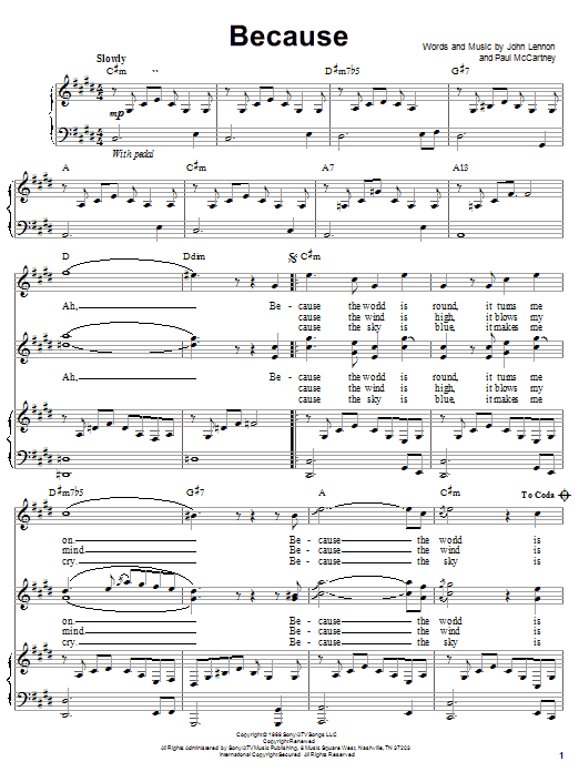 Learn to play The Beatles Because sheet music for Piano, Vocal & Guitar (Right-Hand Melody) in minutes. The Beatles Because sheet music notes and chords. Download Printable PDF.