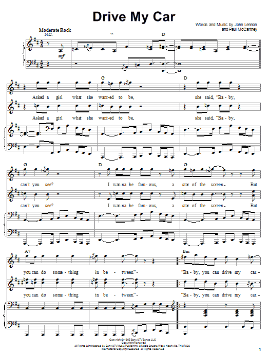 Learn to play The Beatles Drive My Car sheet music for Piano, Vocal & Guitar (Right-Hand Melody) in minutes. The Beatles Drive My Car sheet music notes and chords. Download Printable PDF.